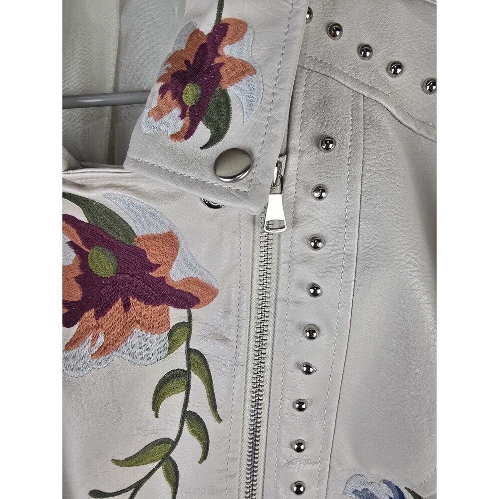 Womens Faux Leather Moto Jacket Floral Embroidered Studded Biker Motorcycle XXL - Picture 2 of 8